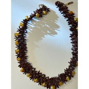 Apple seed necklace with yellow snail shell dangles boho tropical statement